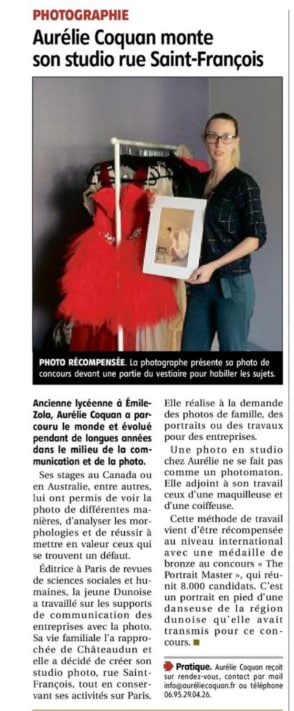 Le journal l'Echo Républicain a également eu la gentillesse d'envoyer au studio Aurélie Coquan Photographe, un de ses journalistes pour en apprendre davantage sur le studio mais aussi le parcourt de sa photographe, Aurélie Coquan, qui s'installait à Châteaudun !