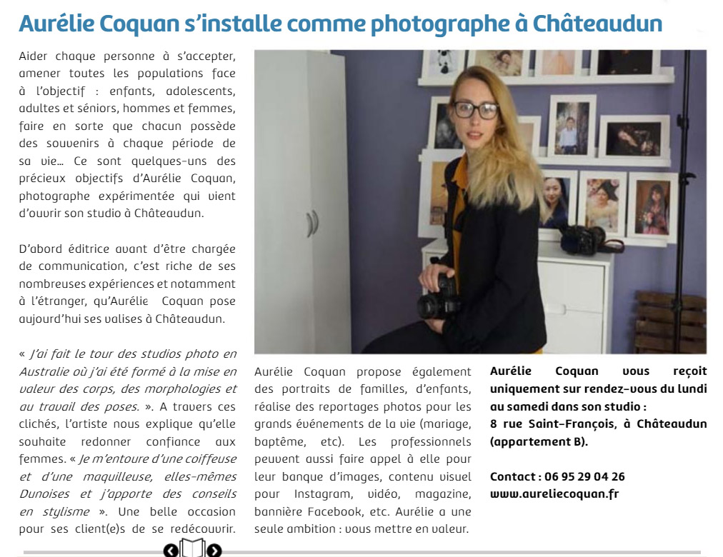 Article de presse de presse de la mairie de Châteaudun sur l'ouverture d'un studio photo à Châteaudun par la photographe Aurélie Coquan www.aureliecoquan.fr