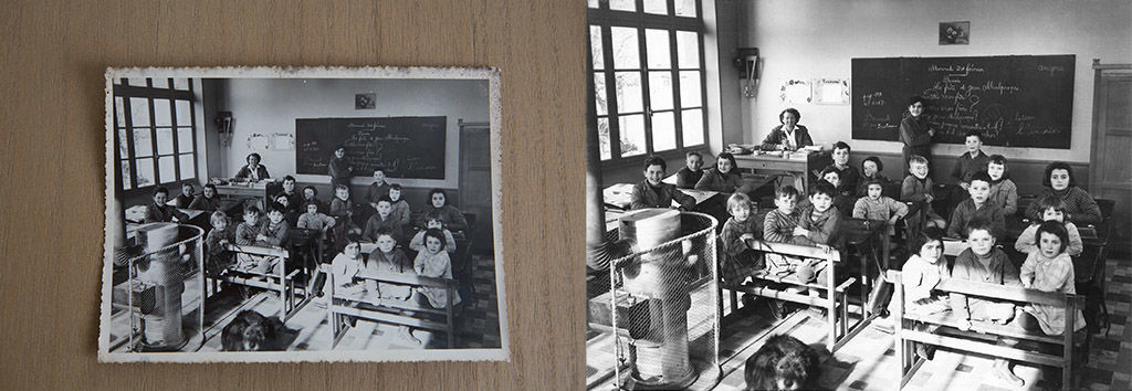 Photo ancienne numérisée et restaurée : photo en noir et blanc des années 1950, d'élèves posant pour la photo de classe, dans une école autour de Châteaudun.