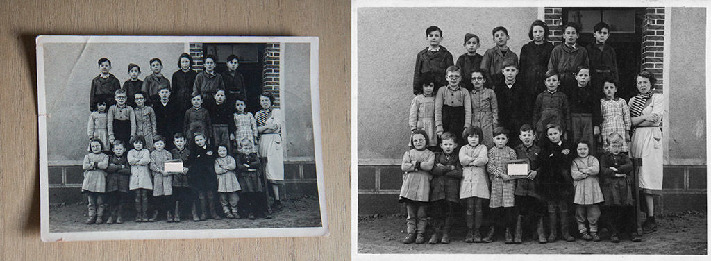 Photo ancienne numérisée et restaurée : photo des années 1950, en noir et blanc, d'élèves posant pour leur portrait de classe autour de Châteaudun.